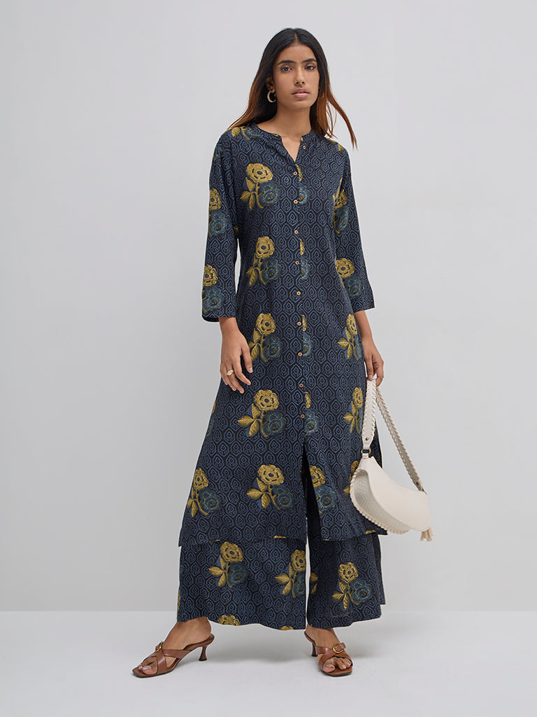 Utsa Blue Floral Printed High-Rise Palazzos