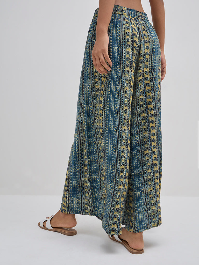 Utsa Indigo Striped High-Rise Palazzos