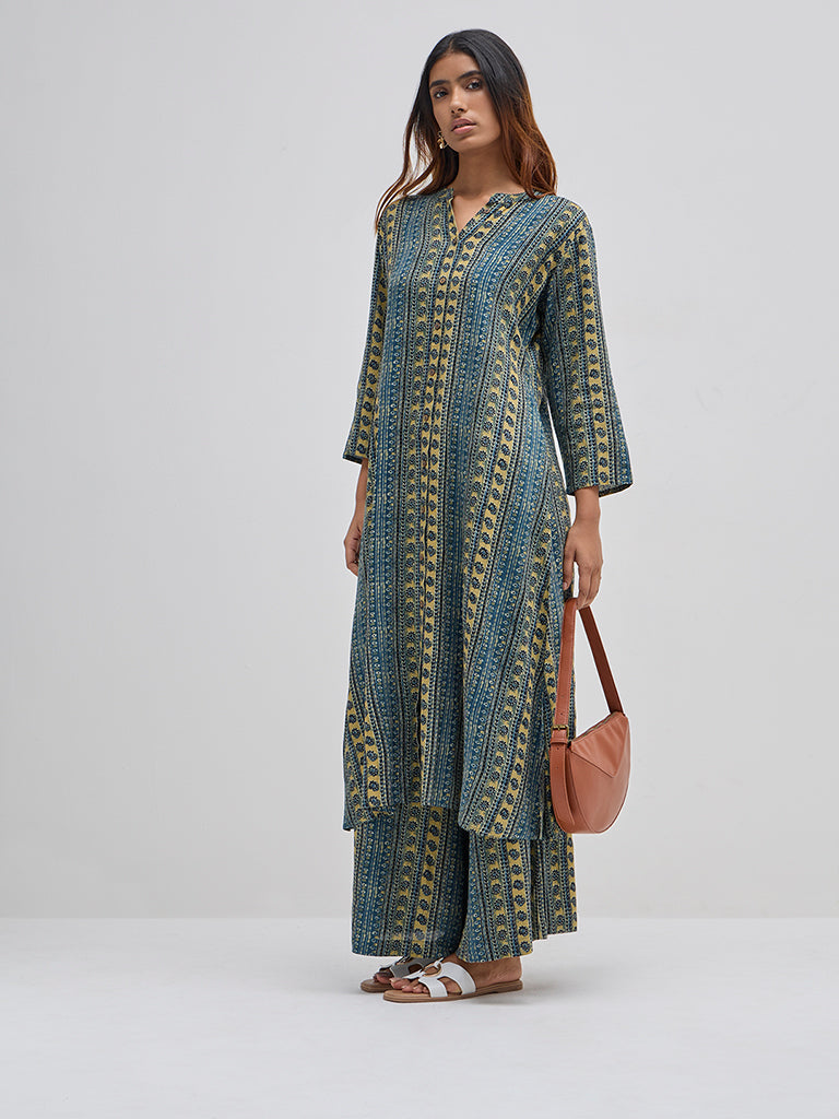 Utsa Indigo Striped High-Rise Palazzos