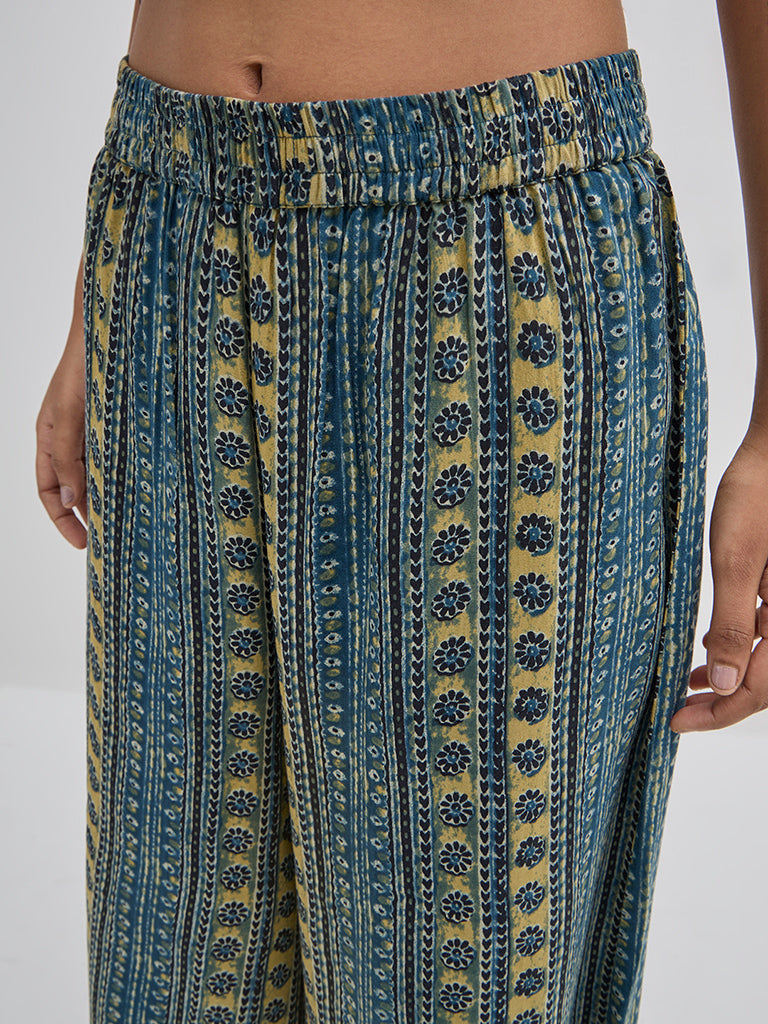 Utsa Indigo Striped High-Rise Palazzos