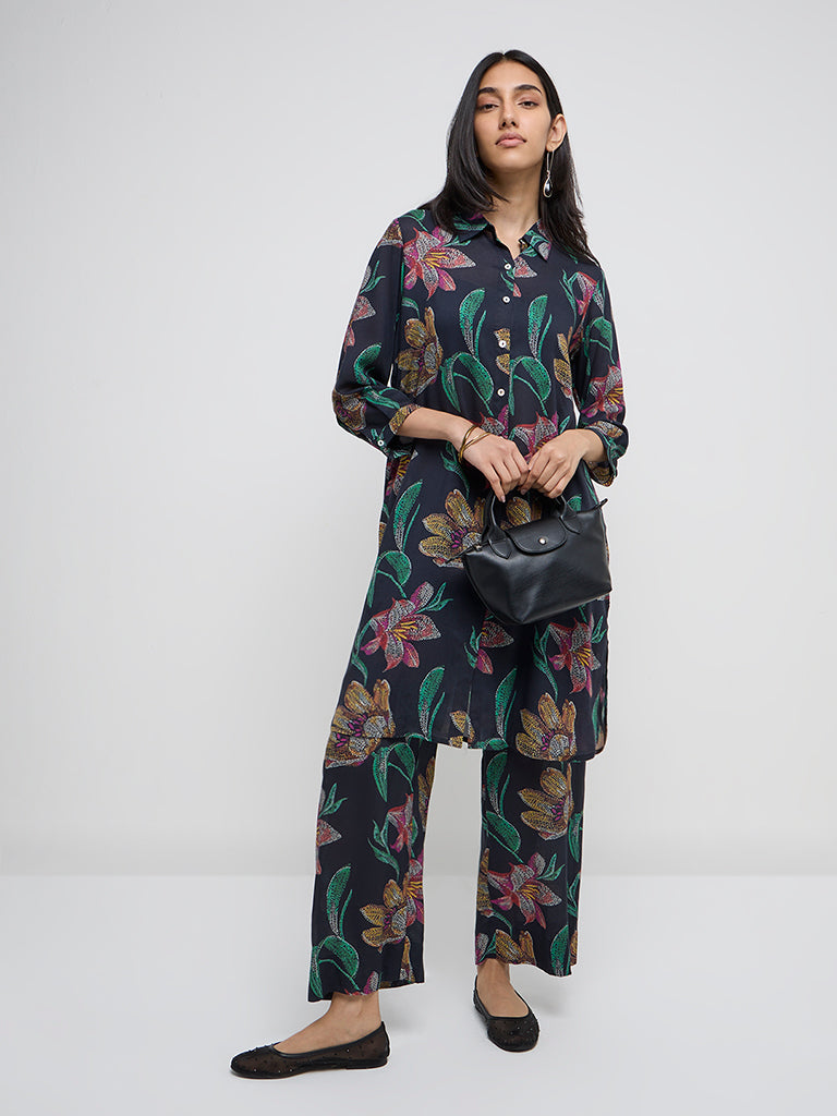 Utsa Black Floral Design A-Line Kurta