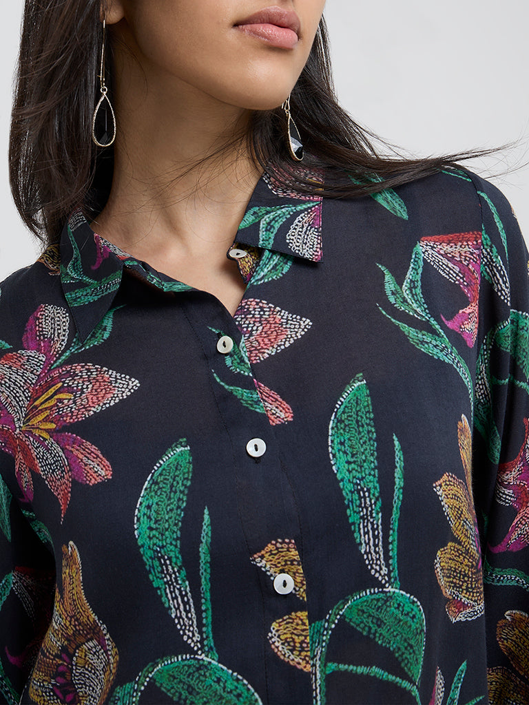 Utsa Black Floral Design A-Line Kurta