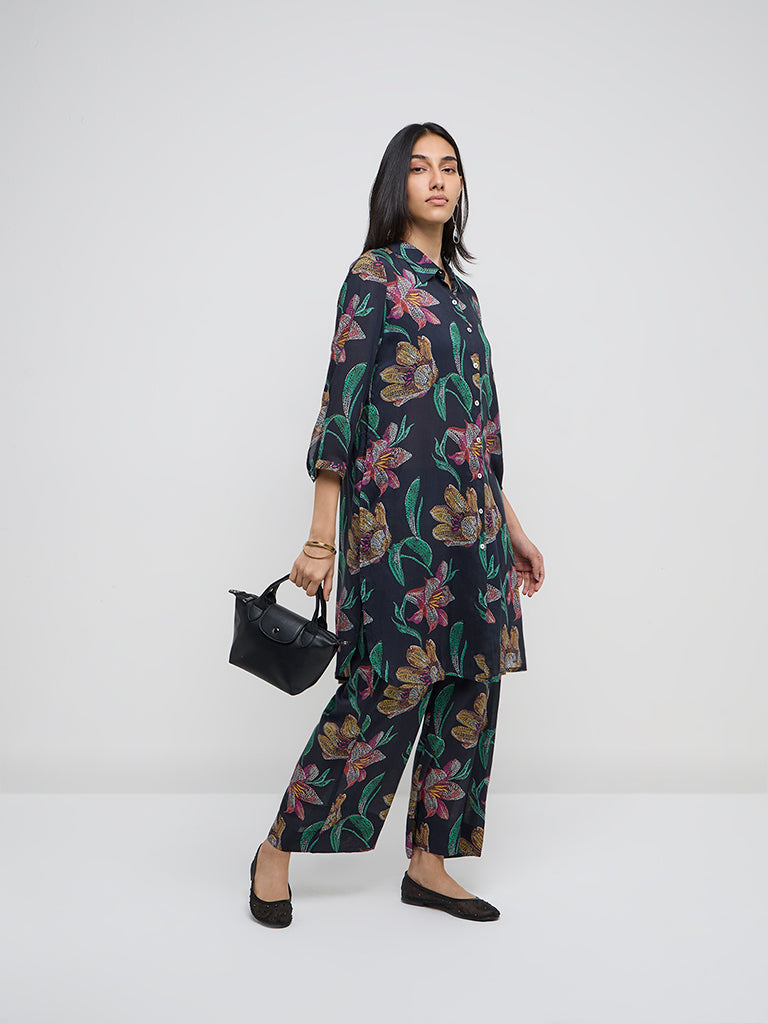Utsa Black Floral Design A-Line Kurta