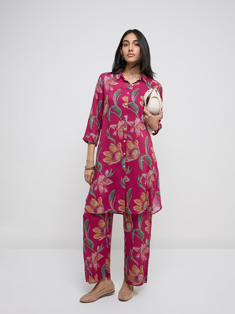 Utsa Magenta Floral Patterned A-Line Kurta