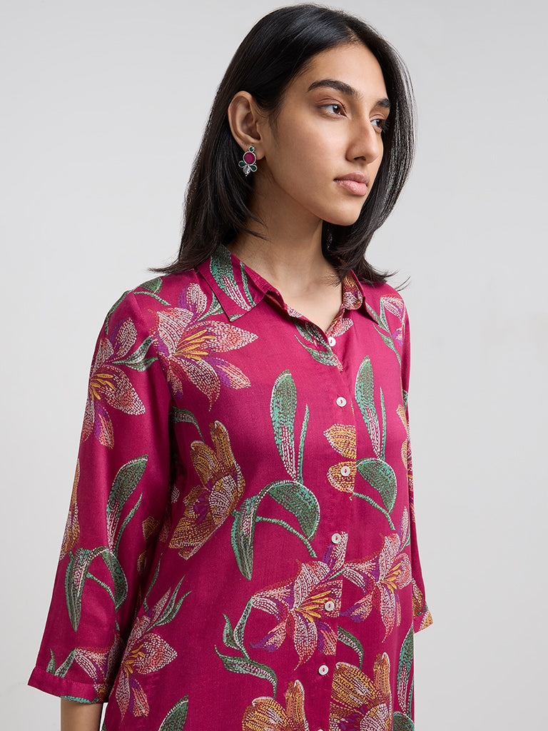 Utsa Magenta Floral Patterned A-Line Kurta