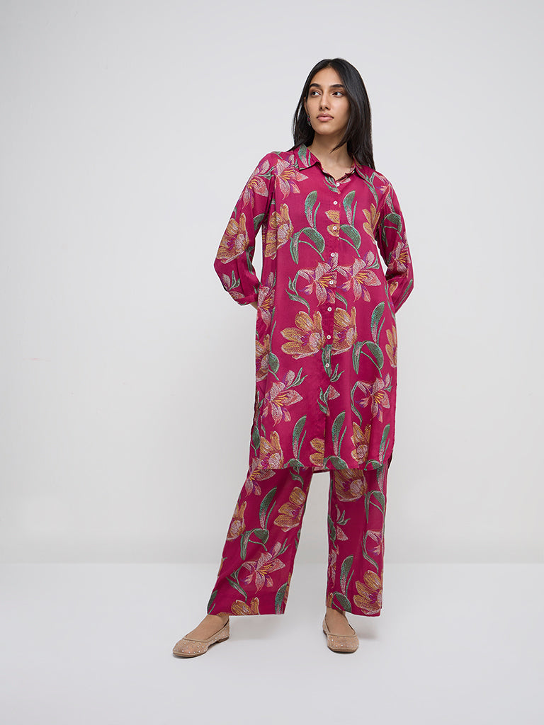 Utsa Magenta Floral Patterned A-Line Kurta