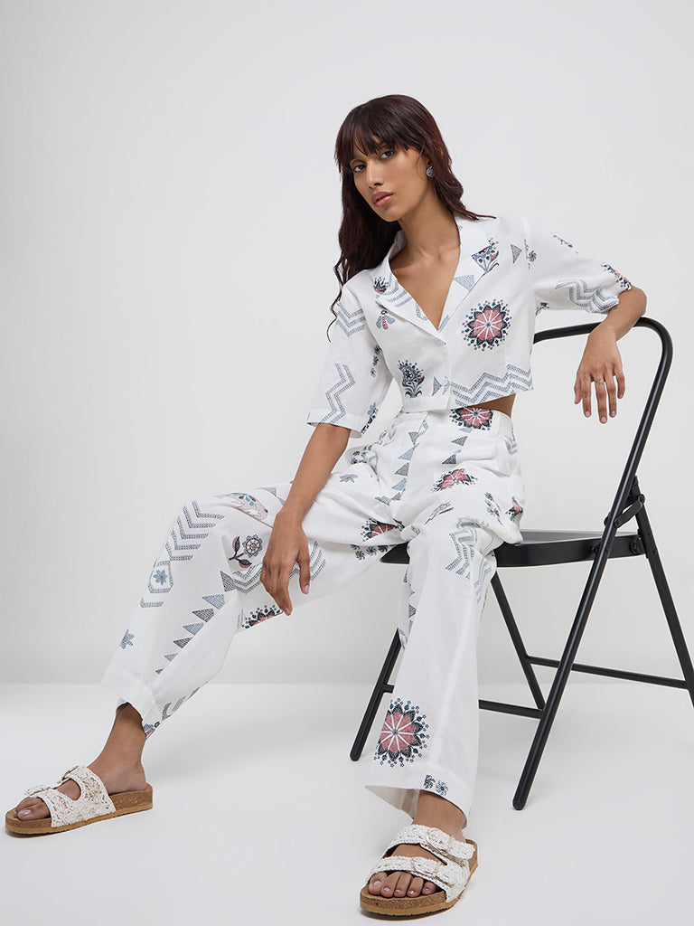 Bombay Paisley White Embroidered Cotton-Blend Cropped Shirt