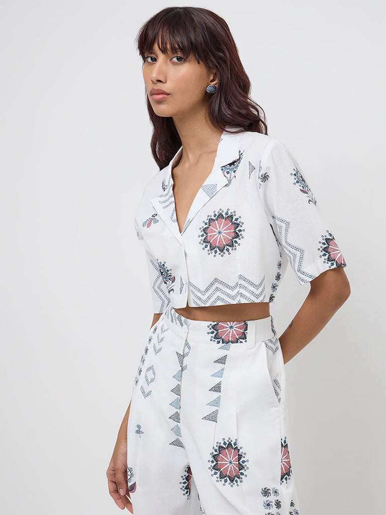 Bombay Paisley White Embroidered Cotton-Blend Cropped Shirt