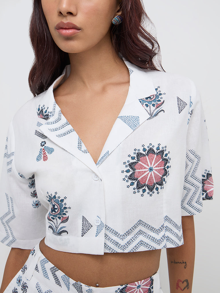 Bombay Paisley White Embroidered Cotton-Blend Cropped Shirt