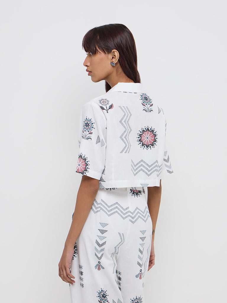 Bombay Paisley White Embroidered Cotton-Blend Cropped Shirt