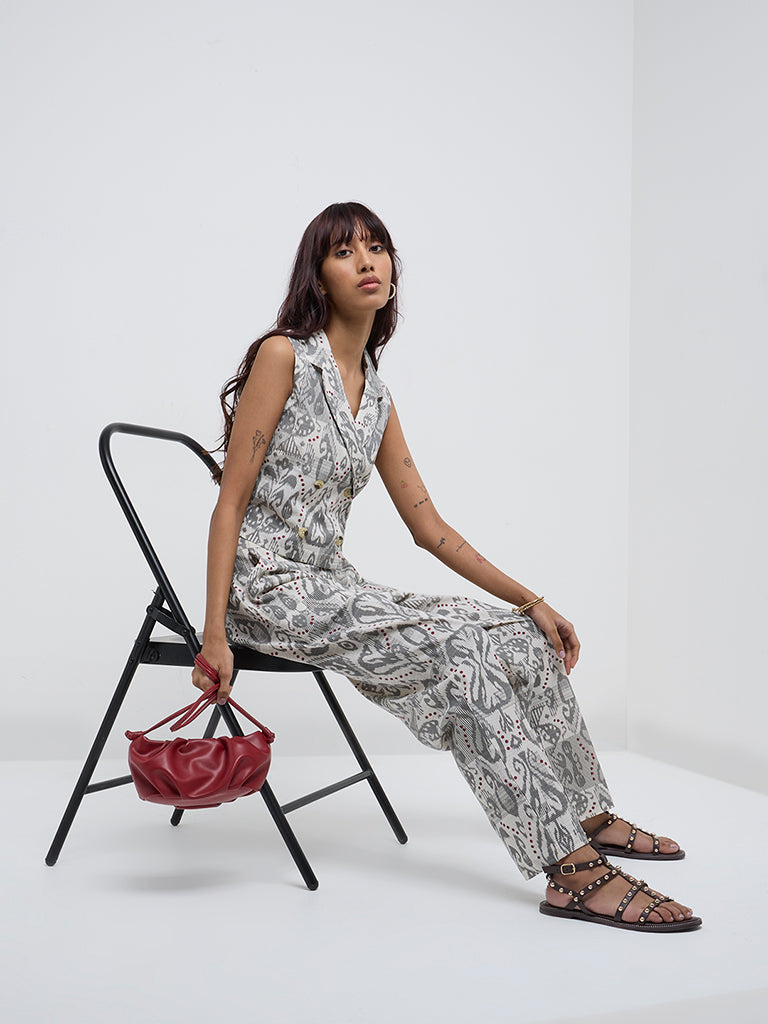 Bombay Paisley Grey Ikat Printed Cotton-Blend Top