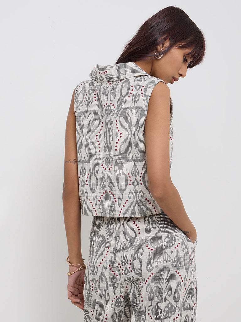 Bombay Paisley Grey Ikat Printed Cotton-Blend Top