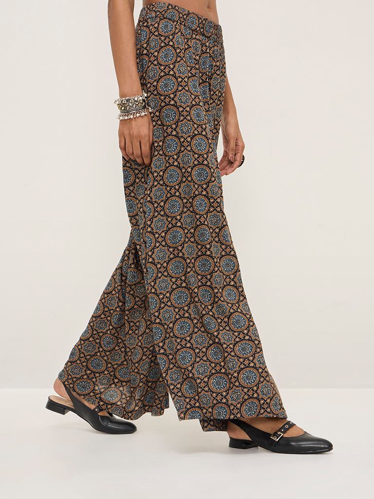 Zuba Blue Printed High-Rise Cotton-Blend Ethnic Pants