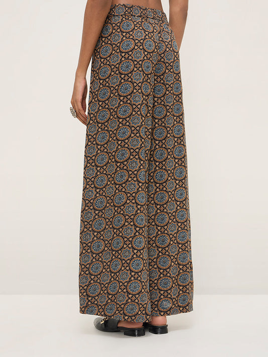 Zuba Blue Printed High-Rise Cotton-Blend Ethnic Pants