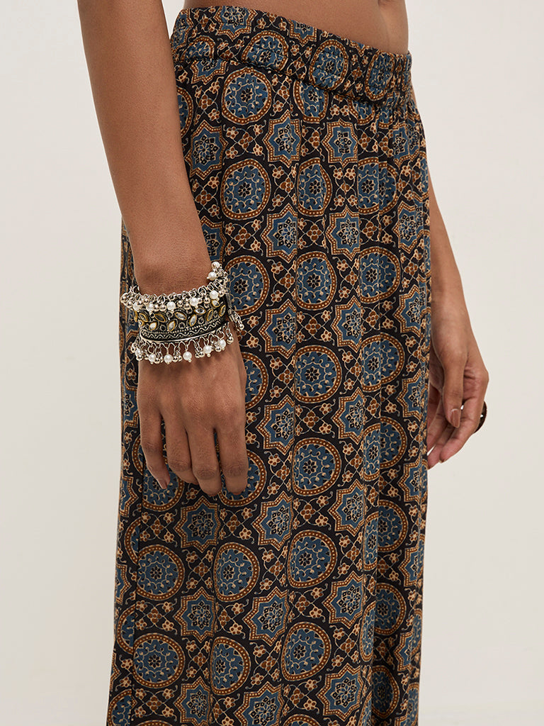 Zuba Blue Printed High-Rise Cotton-Blend Ethnic Pants