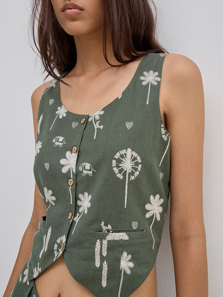 Bombay Paisley Olive Waistcoat-Style Cotton-Blend Top