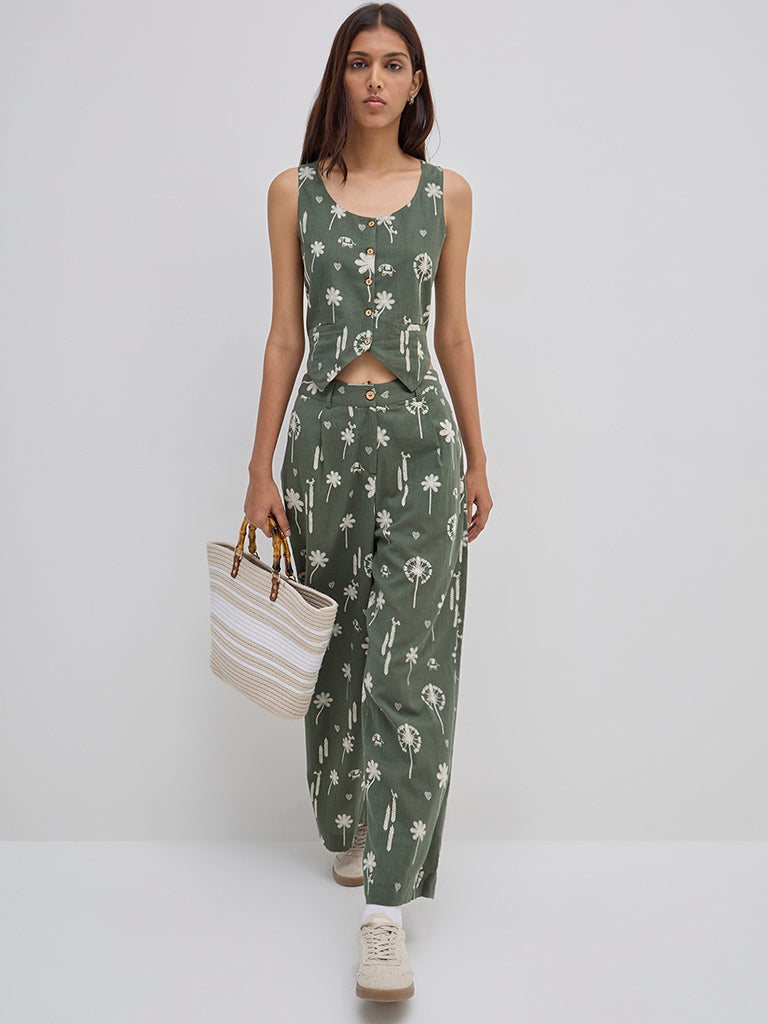 Bombay Paisley Olive Waistcoat-Style Cotton-Blend Top