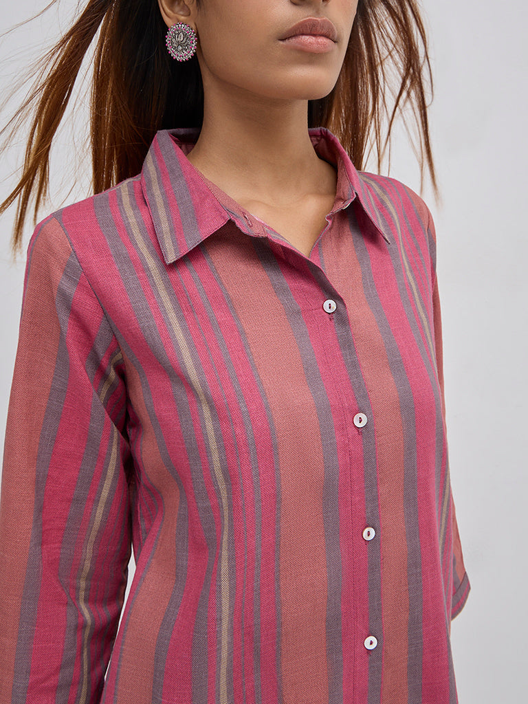 Utsa Dusty Pink Striped Cotton Straight Kurta