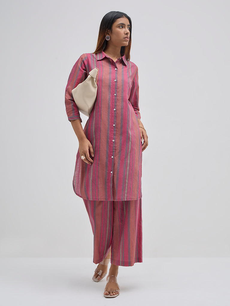 Utsa Dusty Pink Striped Cotton Straight Kurta