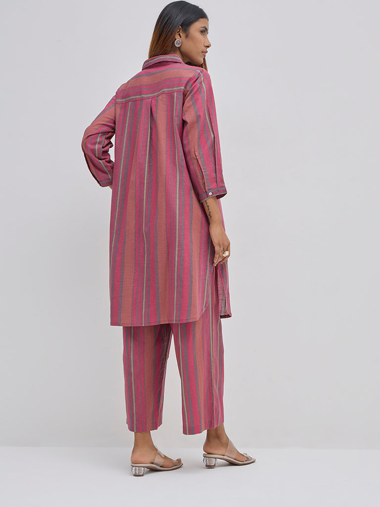 Utsa Dusty Pink Striped Cotton Straight Kurta