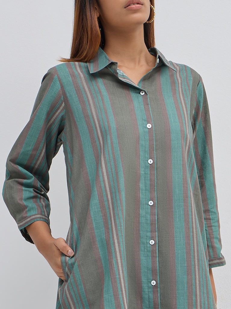 Utsa Teal Striped Cotton Straight Kurta