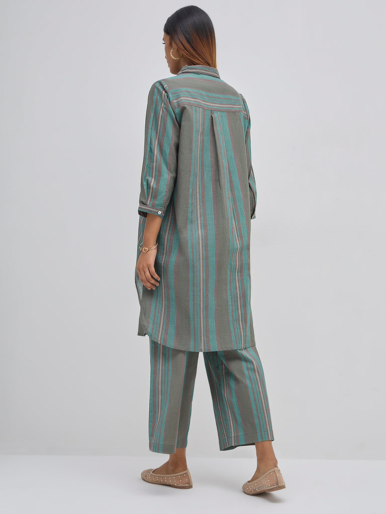 Utsa Teal Striped Cotton Straight Kurta