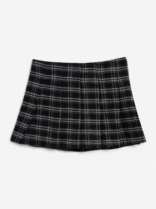 Y&F Kids Black Checks Printed High-Rise Cotton Skirt