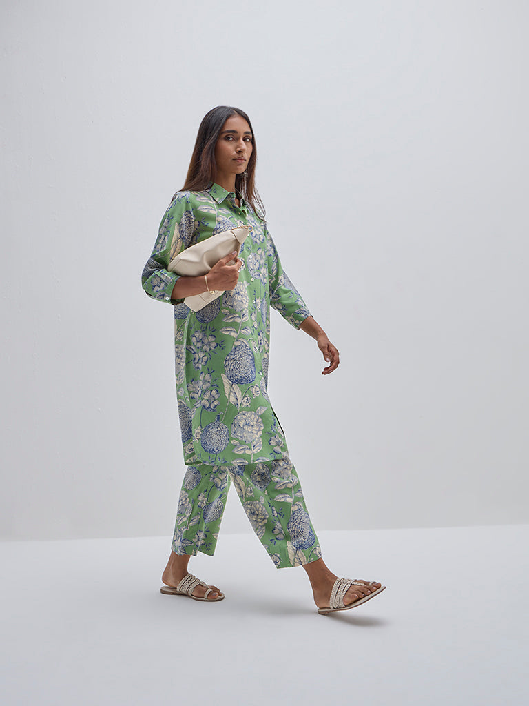 Utsa Green Floral Design High-Rise Ethnic Pants