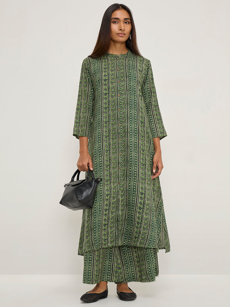 Utsa Green Stripe Printed A-Line Kurta