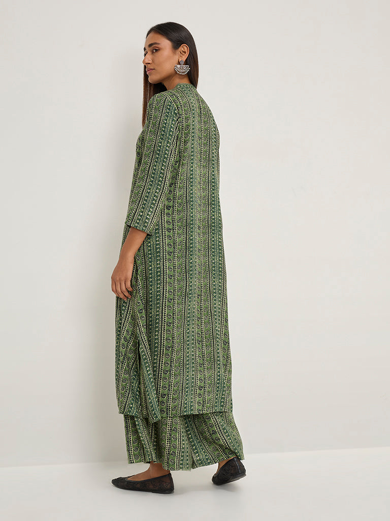 Utsa Green Stripe Printed A-Line Kurta