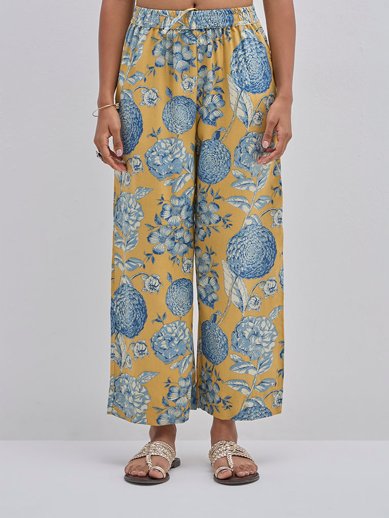 Utsa Yellow Floral Patterned High-Rise Ethnic Pants