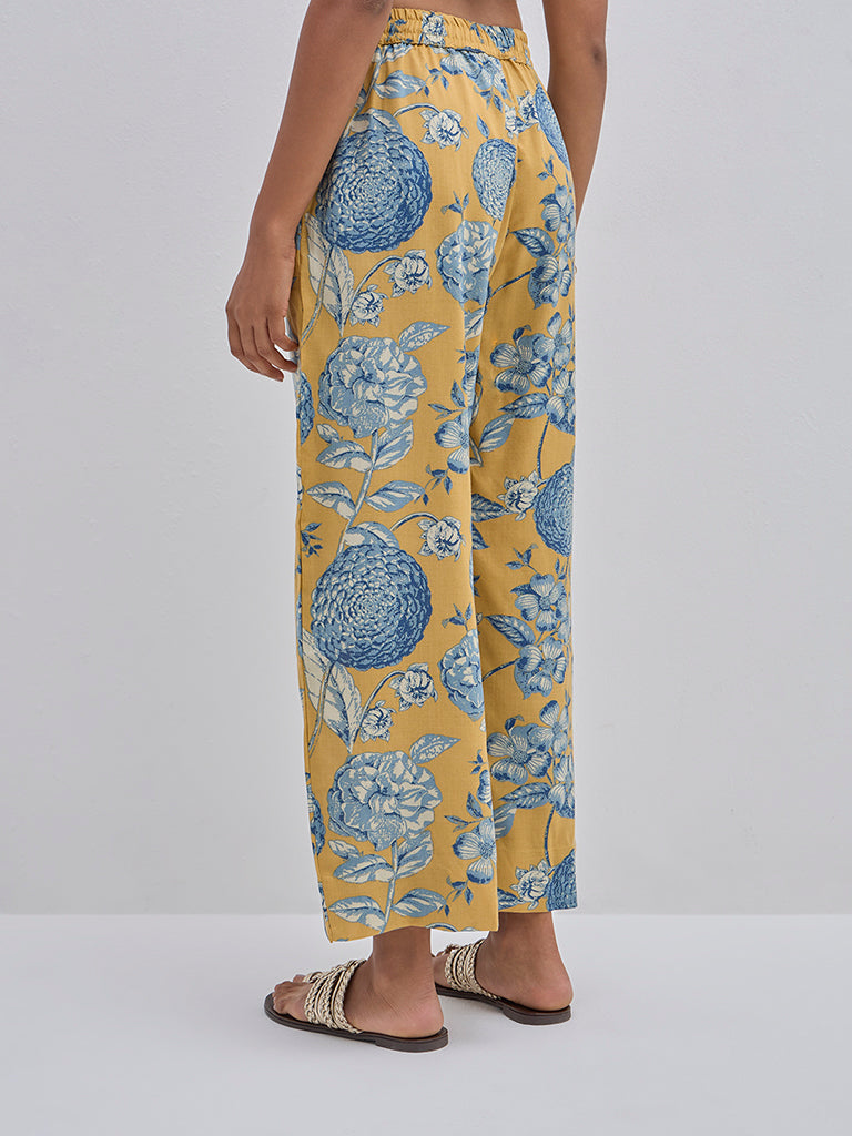 Utsa Yellow Floral Patterned High-Rise Ethnic Pants