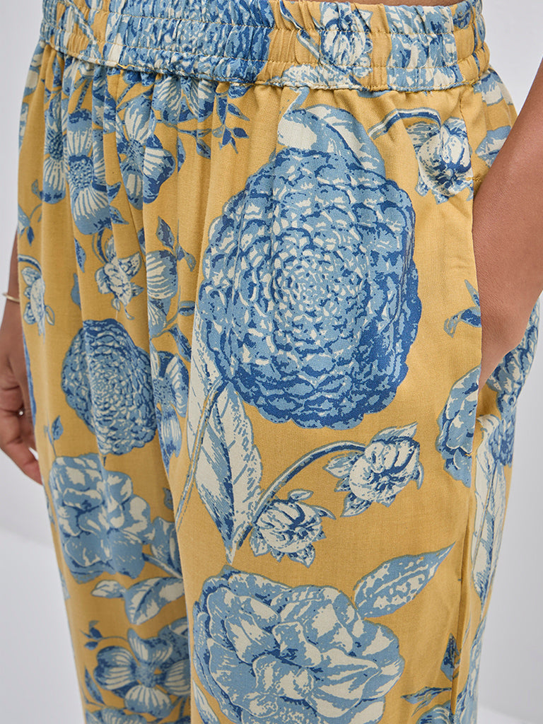 Utsa Yellow Floral Patterned High-Rise Ethnic Pants