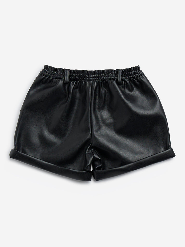 HOP Kids Black Faux Leather High-Rise Shorts