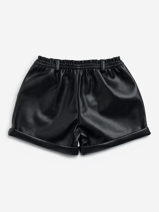 HOP Kids Black Faux Leather High-Rise Shorts