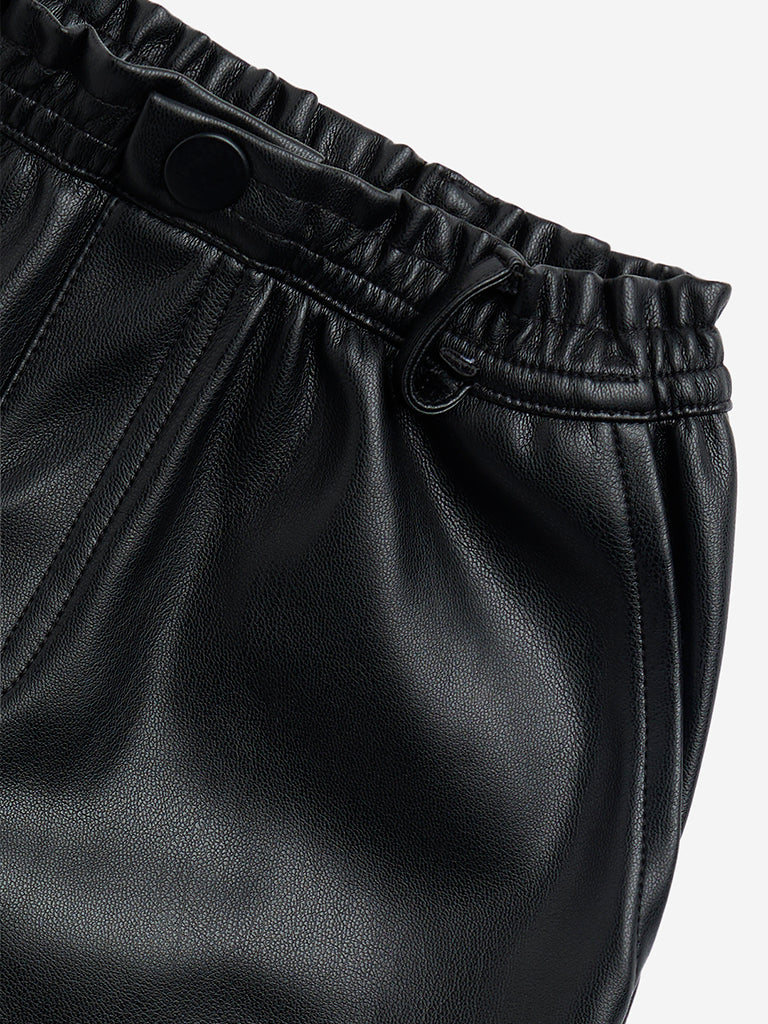 HOP Kids Black Faux Leather High-Rise Shorts