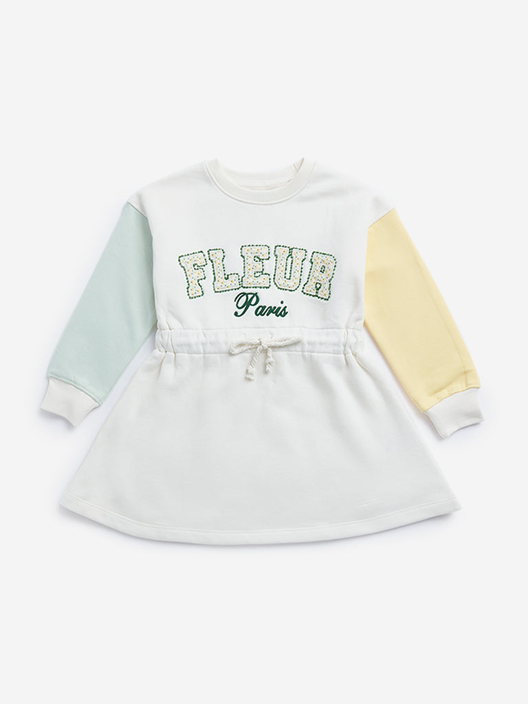 HOP Kids Off-White Text Design Cotton-Blend Skater Dress