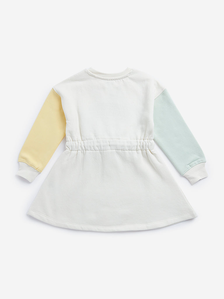 HOP Kids Off-White Text Design Cotton-Blend Skater Dress