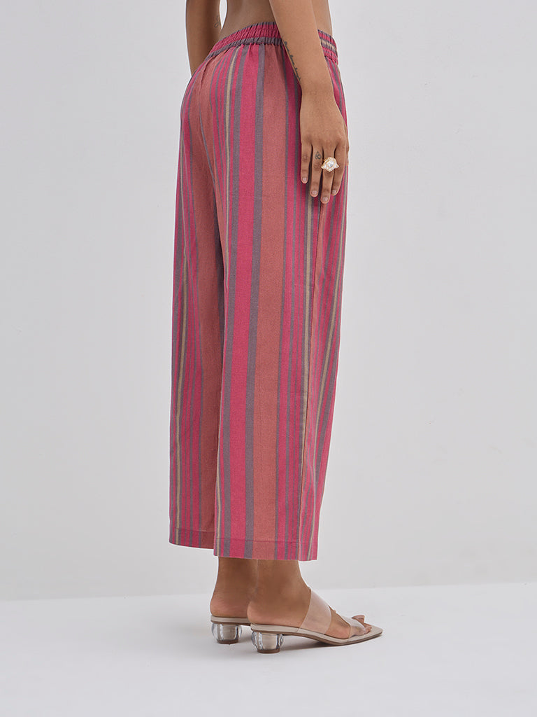 Utsa Dusty Pink Striped High-Rise Cotton Ethnic Pants