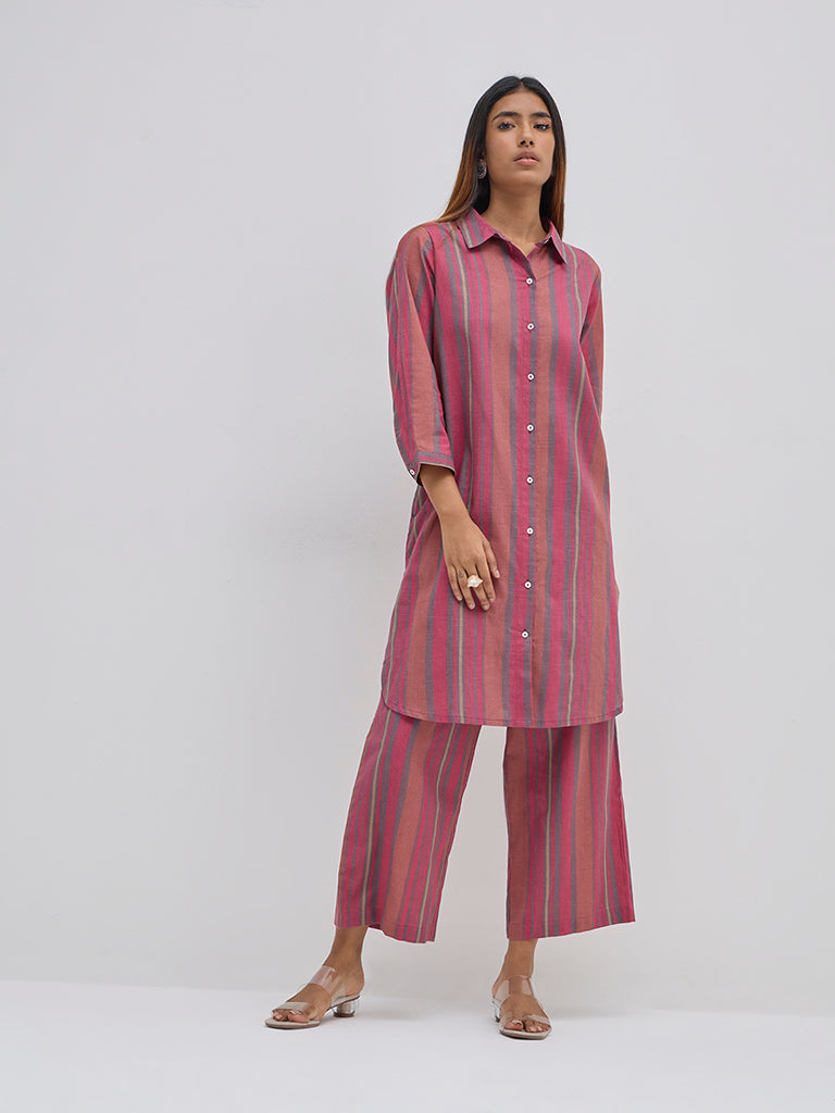 Utsa Dusty Pink Striped High-Rise Cotton Ethnic Pants