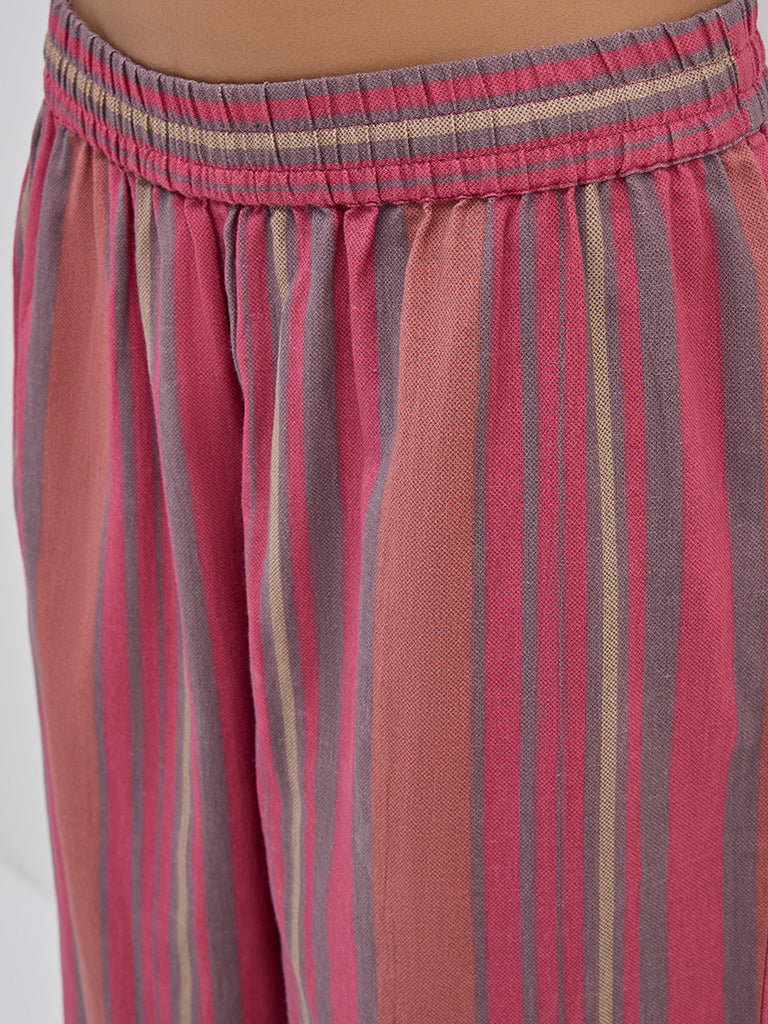 Utsa Dusty Pink Striped High-Rise Cotton Ethnic Pants