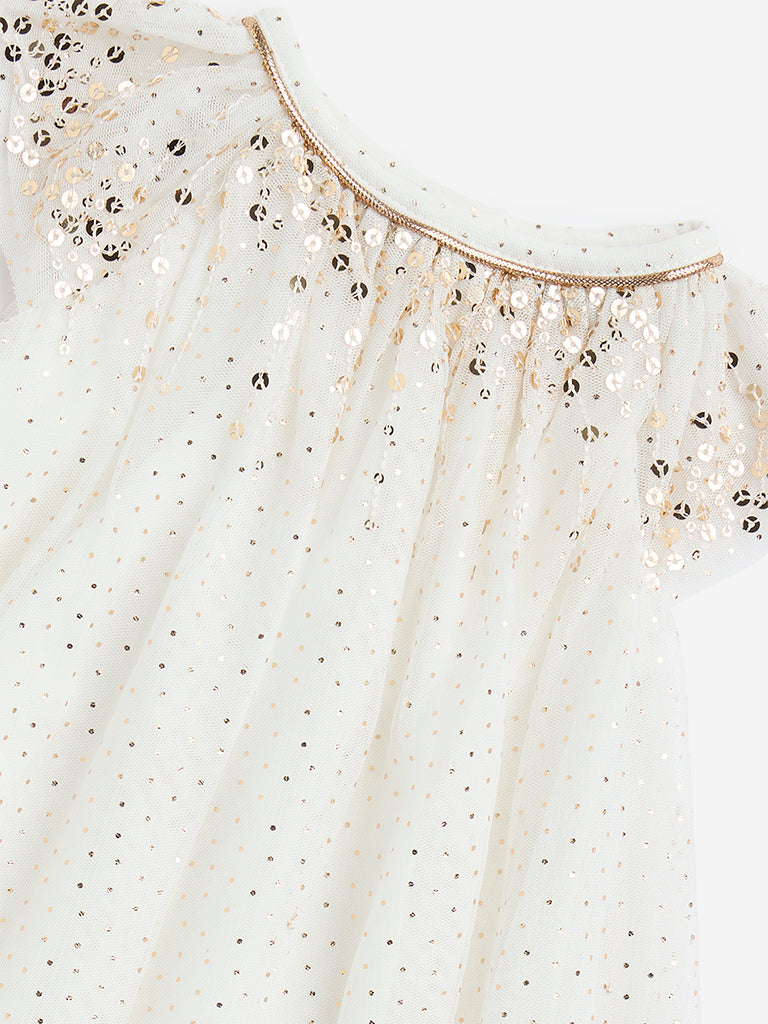 HOP Baby Off-White Embellished A-Line Dress