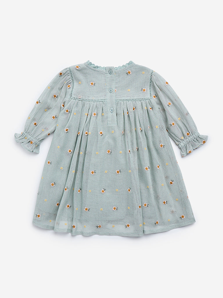 HOP Baby Green Floral Embroidered Cotton-Blend A-Line Dress