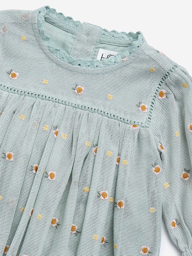 HOP Baby Green Floral Embroidered Cotton-Blend A-Line Dress