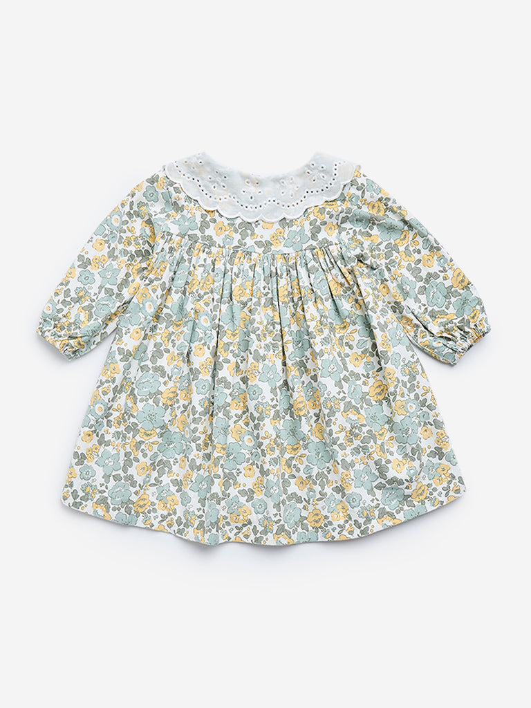 HOP Baby Green Floral Print Fit-and-Flare Cotton Dress