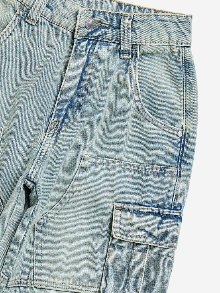 Y&F Kids Light Blue Straight-Fit High-Rise Cargo Jeans