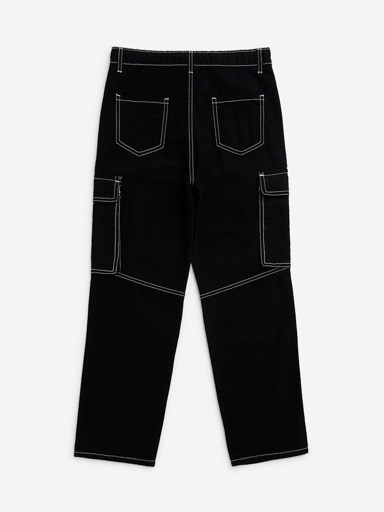Y&F Kids Black Cargo-Style Mid-Rise Cotton Trousers