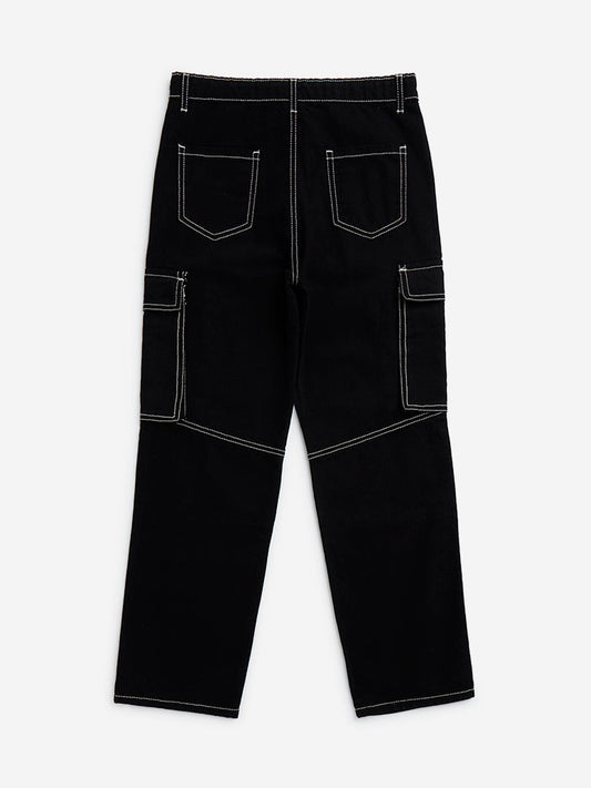 Y&F Kids Black Cargo-Style Mid-Rise Cotton Trousers