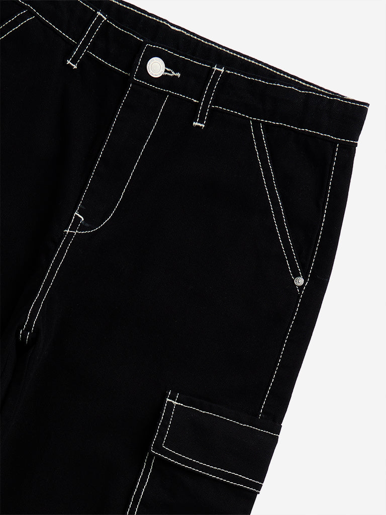 Y&F Kids Black Cargo-Style Mid-Rise Cotton Trousers