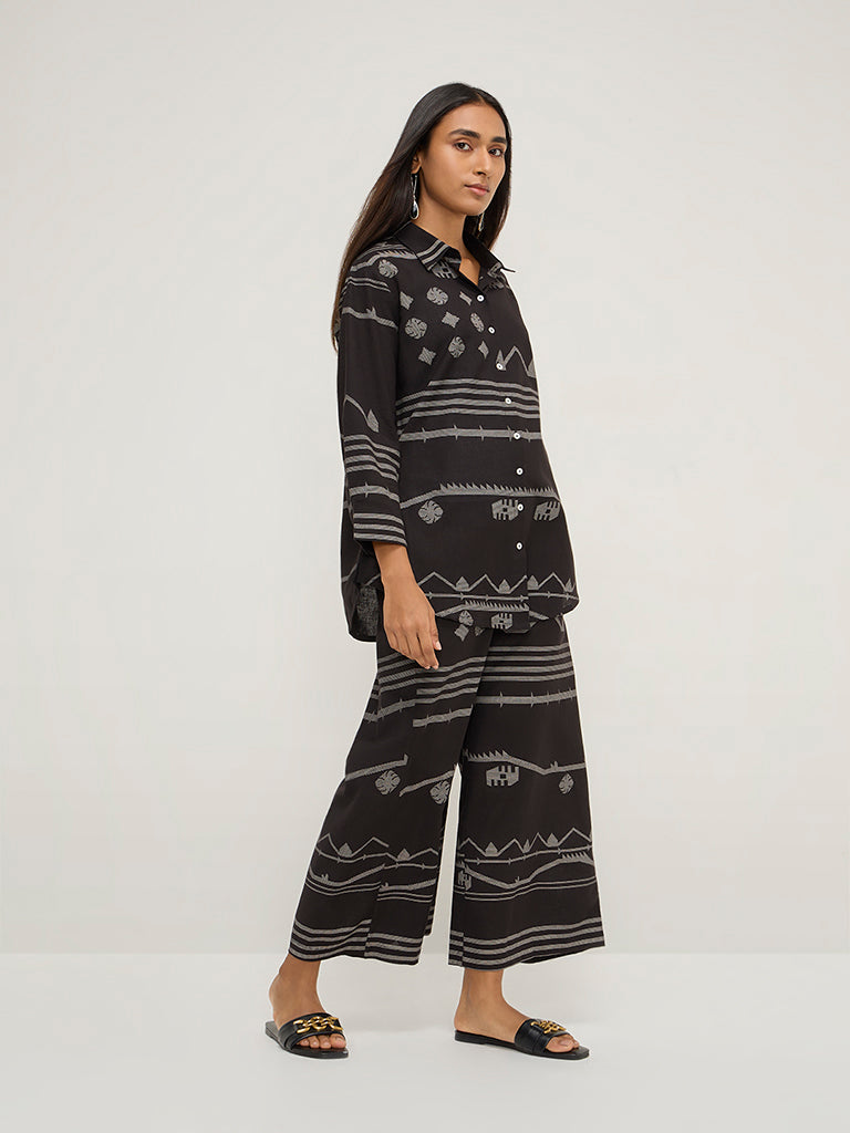 Utsa Black Ikat Printed Ethnic Cotton-Blend Tunic